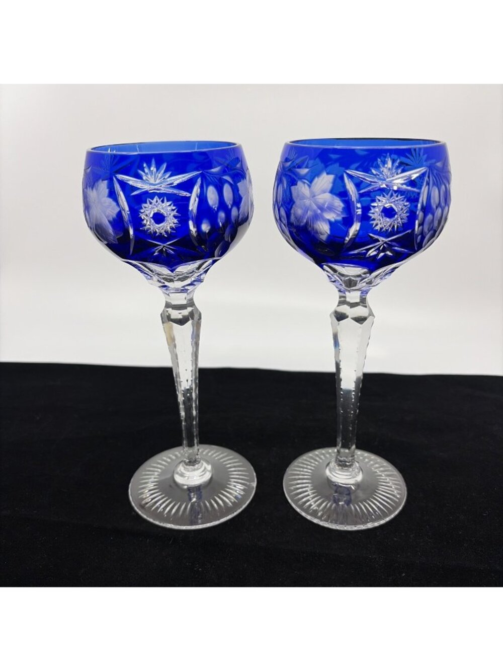 Vintage Ajka Marsala Cobalt Blue Tall Hock Wine Glasses Cut to Clear Pair 8" - Picture 1 of 8